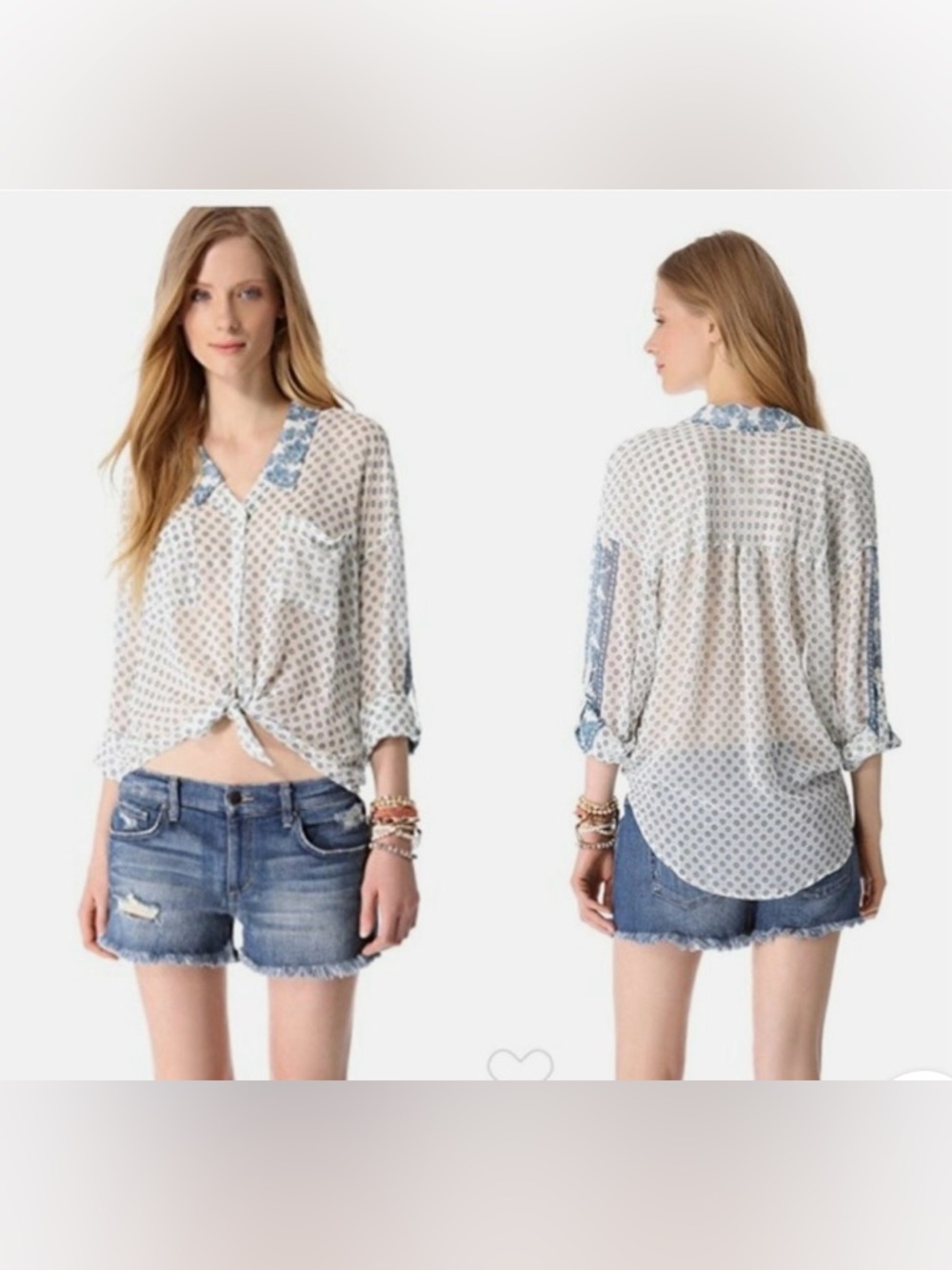 Free People Blue and White Printed Boho Sheer Long Sleeve Blouse Sz XS